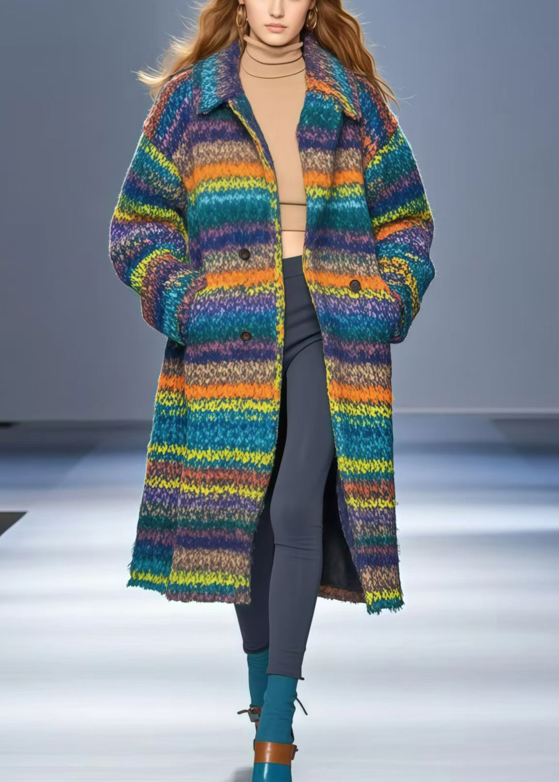 Multicolor Oversized Thick Woolen Coat Outwear Fall