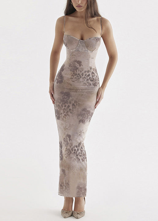 Stylish Khaki Print Slim Fit Silk Spaghetti Strap Dress Summer