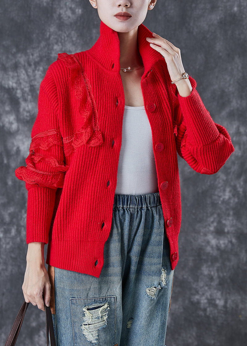 Red Peter Pan Collar Lace Patchwork Knit Coats Winter