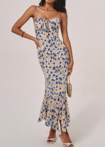 French Blue Print Slim Fit Cotton Spaghetti Strap Dress Summer