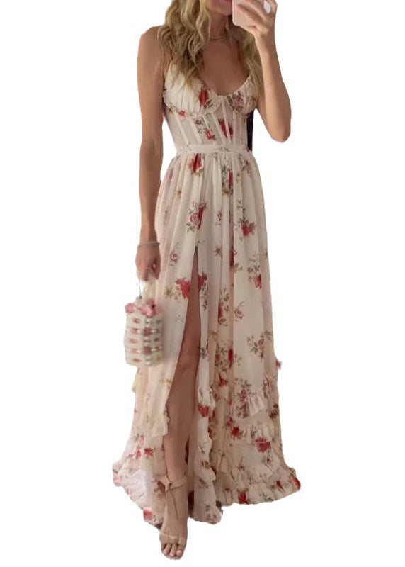 White Ruffled Print Side Open Cotton Long Dresses Sleeveless