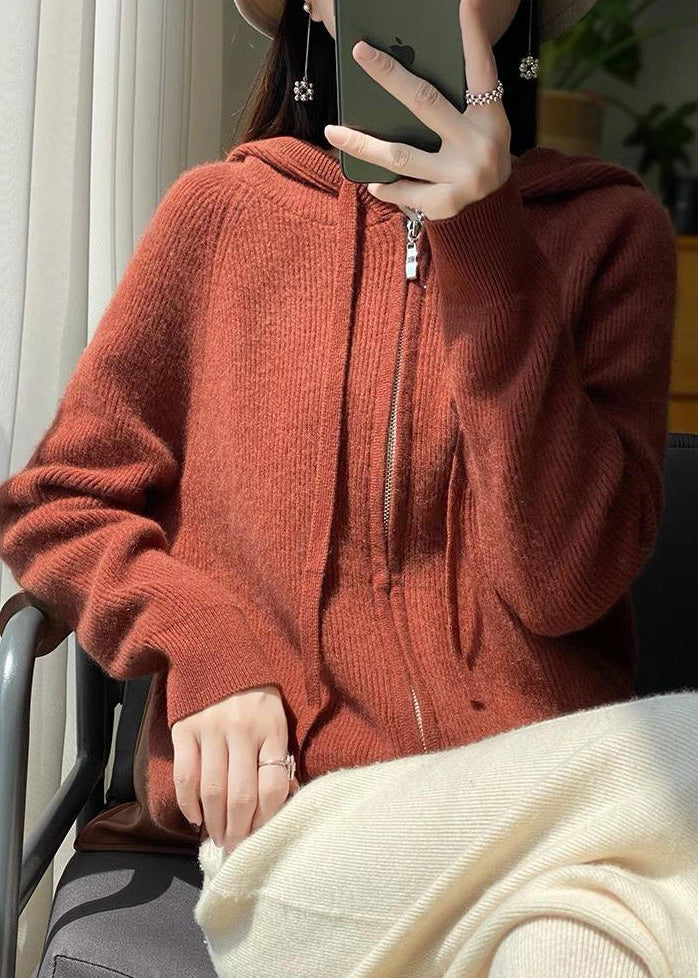 Pink Hooded Zip Up Wool Knit Coat Fall