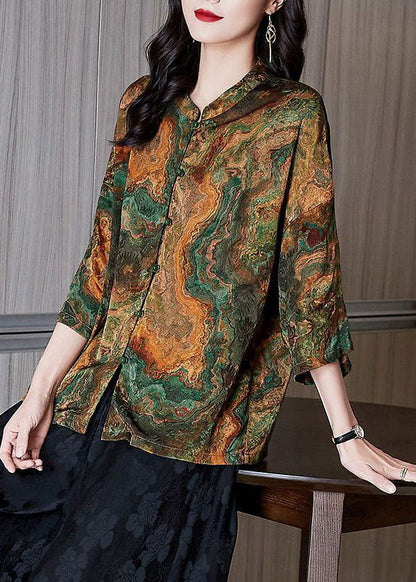 Brown Stand Collar Button Print Patchwork Silk Blouse Top Summer