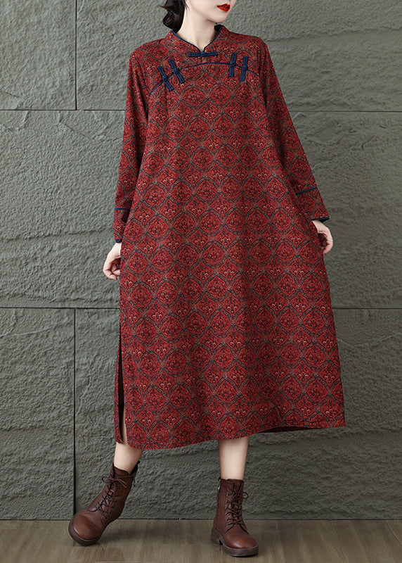 Red Stand Collar Print Oriental Button Cotton Dress Fall