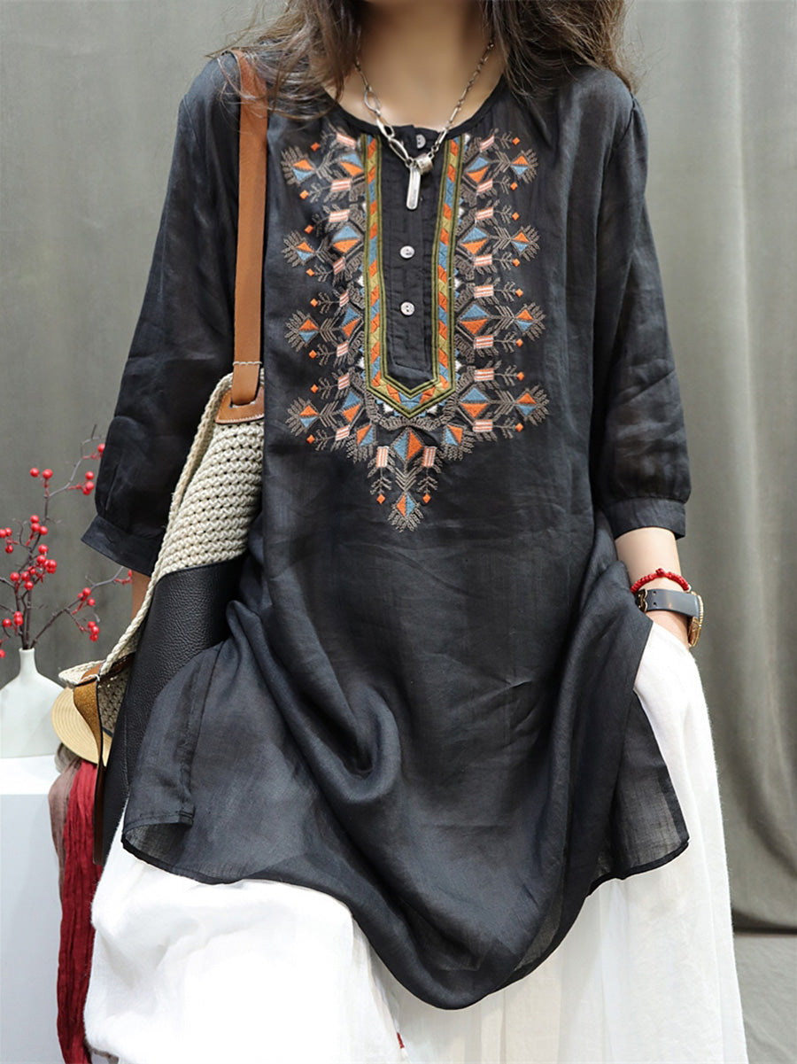 Summer Retro Embroidery O-neck Ramie Shirt