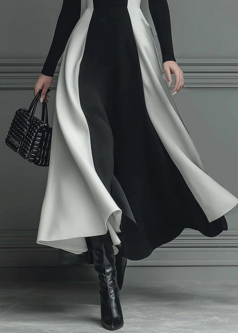 Fitted Black Hign Neck Patchwork Cotton Long Dress Spring