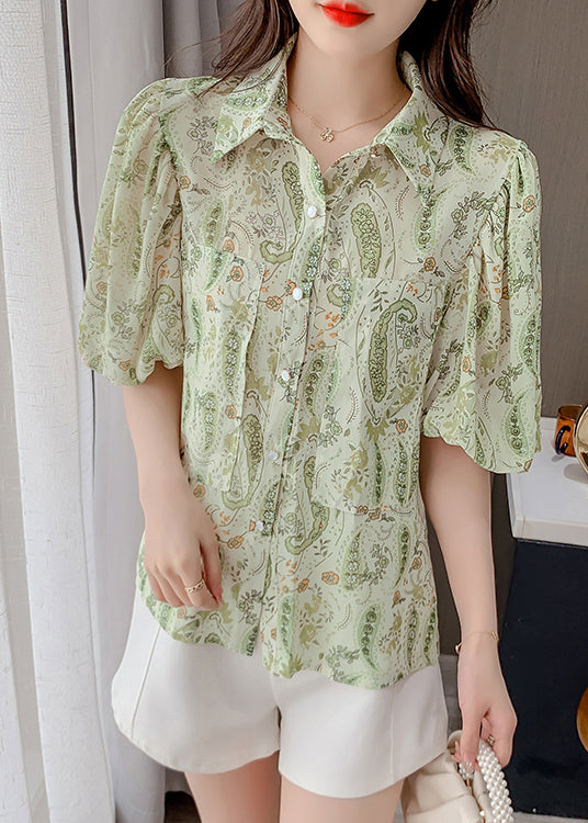 Green Peter Pan Collar Print Chiffon Shirt Top Lantern Sleeve