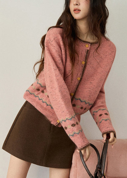 Pink O-neck Print Button Cotton Knit Cardigans Fall