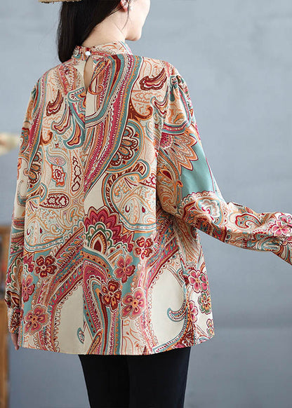 Stand Collar Print Cotton Shirt Tops Fall