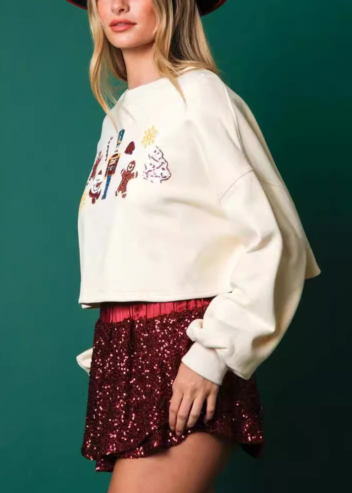 Beige O Neck Sequins Cotton Short Sweatshirt Fall
