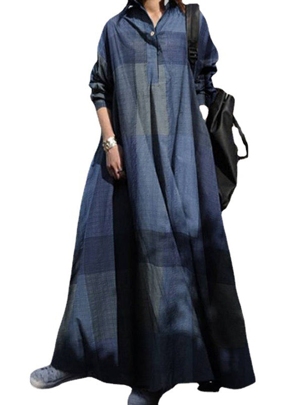 Yellow Peter Pan Collar Plaid Cotton Dress Long Sleeve