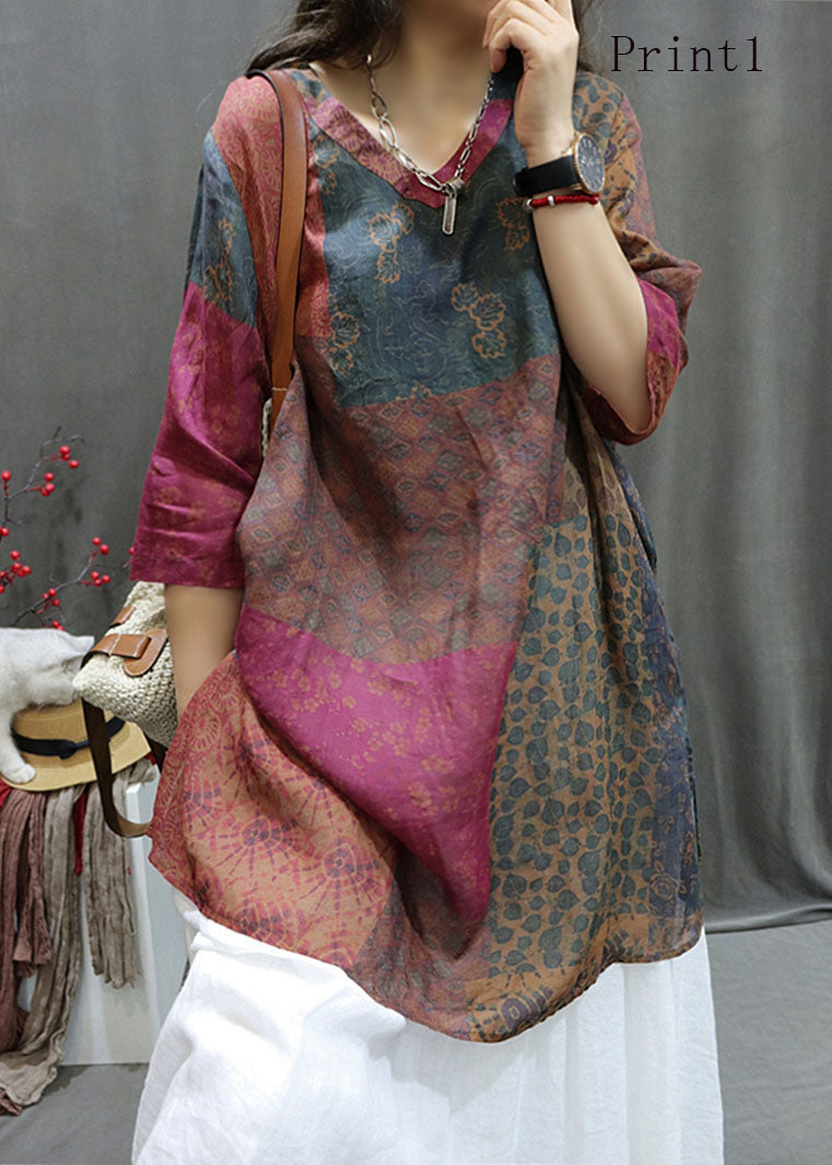 V Neck Print Cotton Mid Shirts Half Sleeve