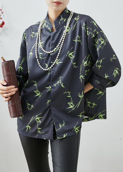 Black Oversized Bamboo Leaf Print Silk Shirt Spring