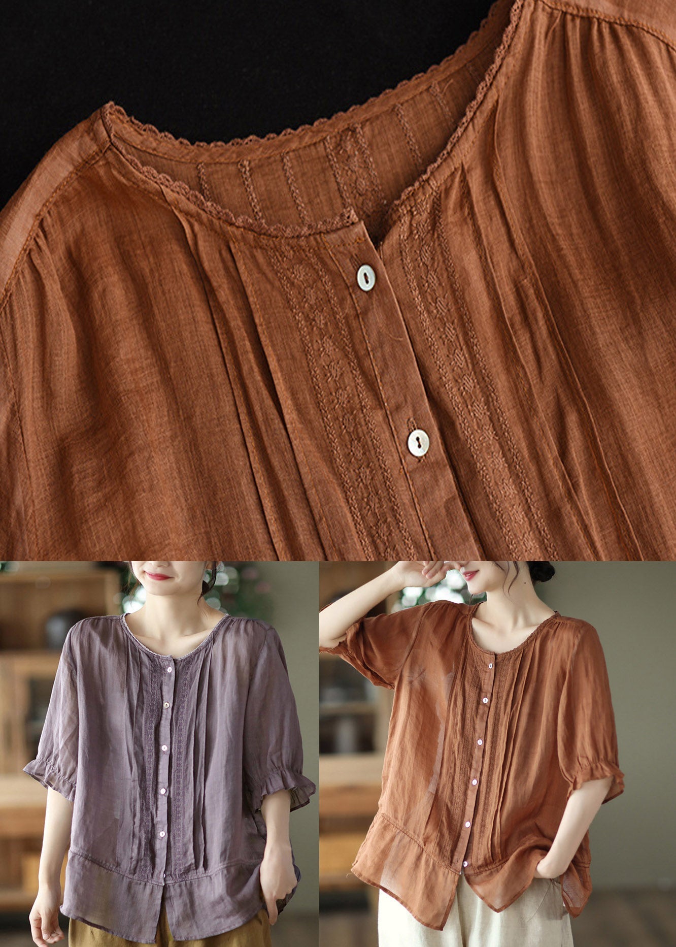 Loose Caramel O-neck Embroidered Patchwork Linen Shirt Half Sleeve