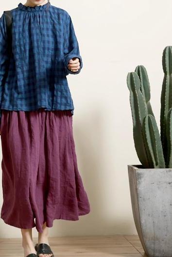 Summer Green and Purple Loose Linen Skirt for