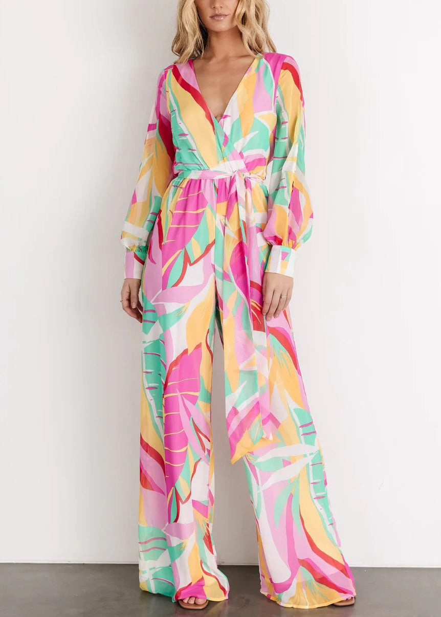 Green V Neck Print Chiffon Jumpsuit Long Sleeve