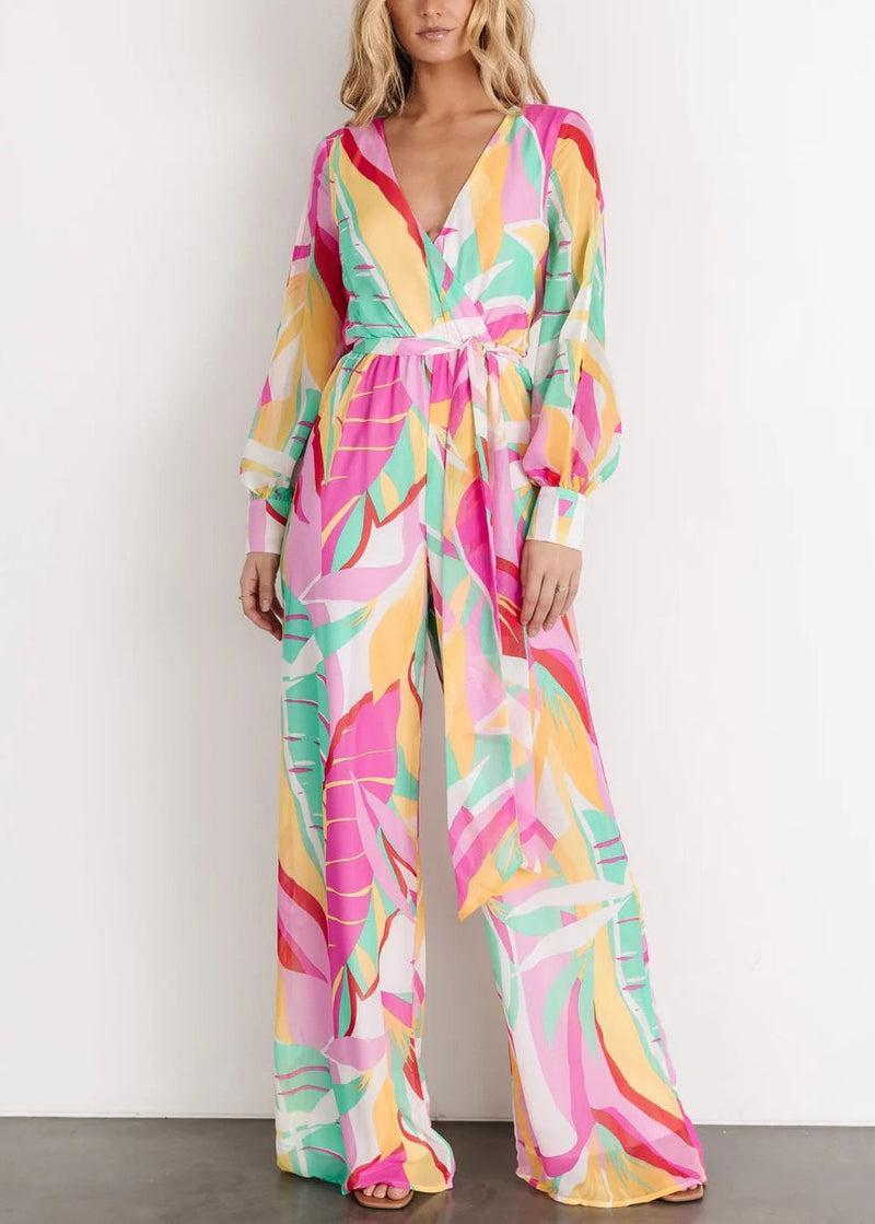Green V Neck Print Chiffon Jumpsuit Long Sleeve