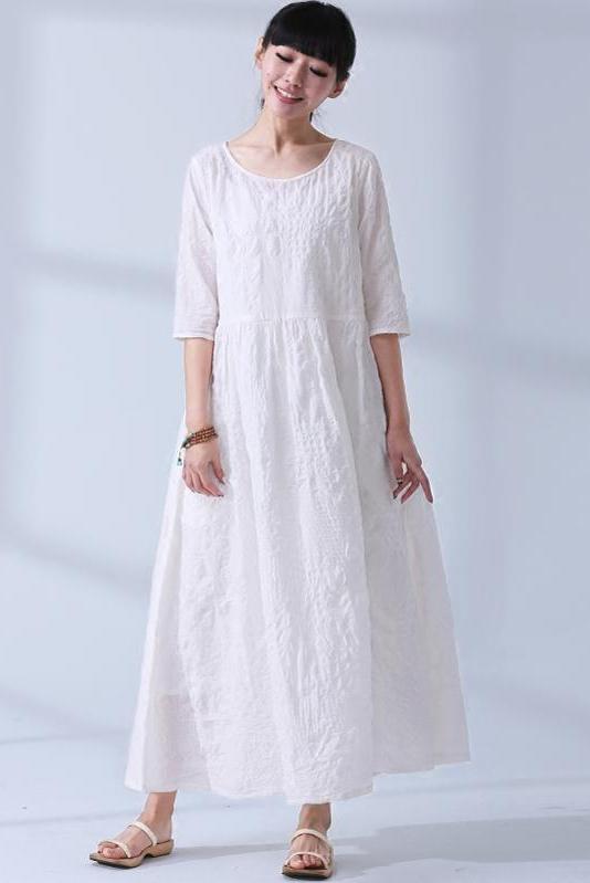 National Wind Summer Jacquard Cotton Linen Loose Maxi Long Dress