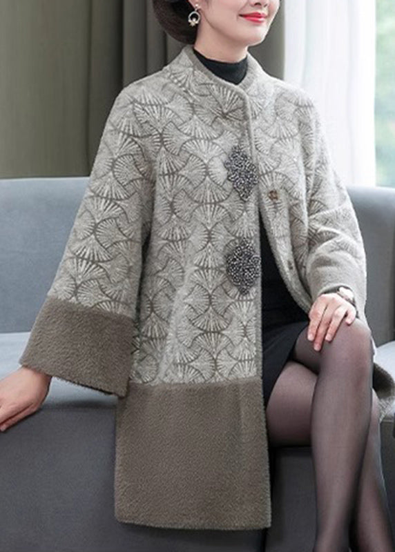Grey Stand Collar Print Patchwork Mink Velvet Coats Spring
