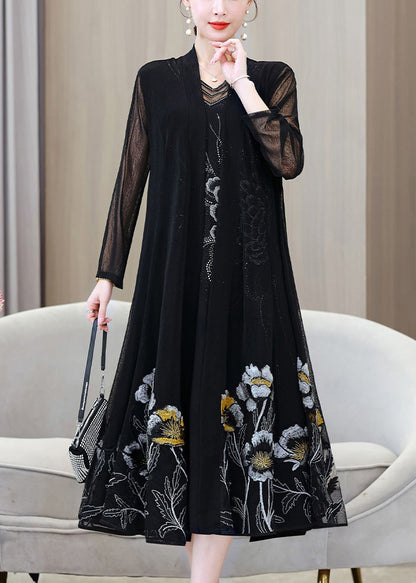 French Black V Neck Embroideried Ice Silk Long Sunscreen Cardigans Summer