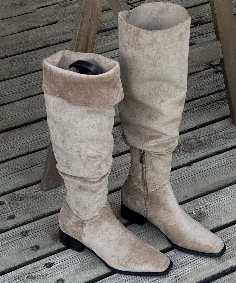 Zippered Splicing Chunky Boots Beige Suede