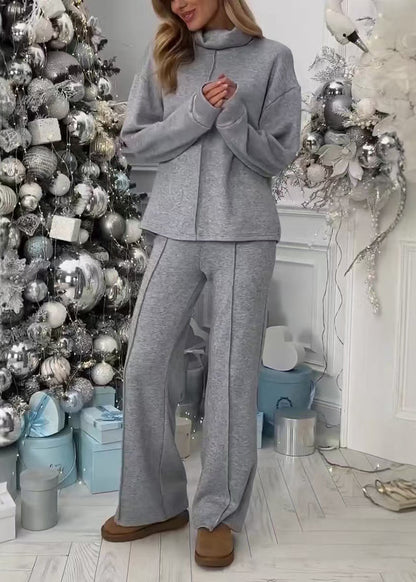 Grey Hign Neck Tops and Pants Cotton Two Piece Suit Set Spring