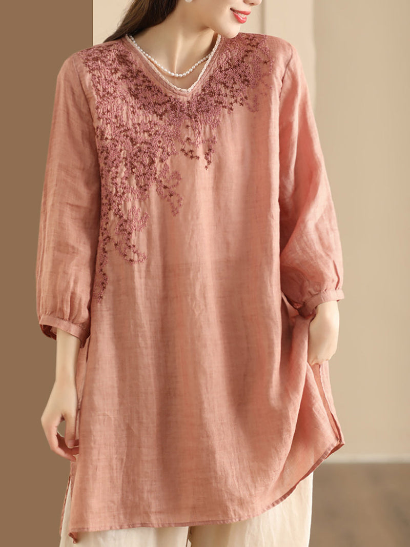 Summer Artsy Embroidery Ramie Long Shirt