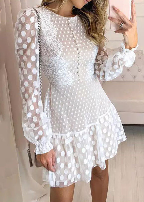 French White O Neck Dot Patchwork Lace Mid Dresses Fall