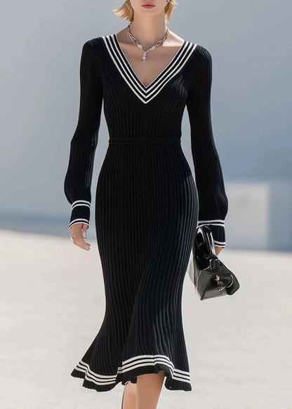 Black V Neck Striped Patchwork Knit Dress Fall