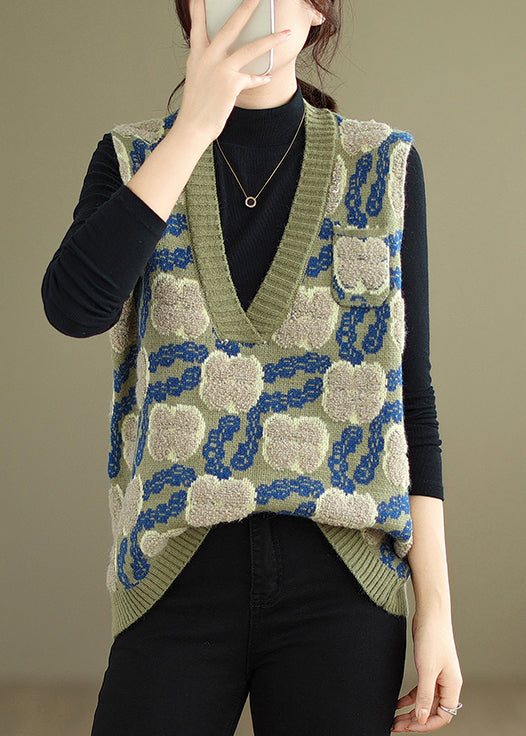 Green V Neck Patchwork Cozy Knit Waistcoat Sleeveless