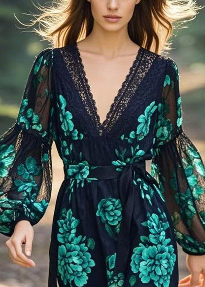 V Neck Print Lace Patchwork Tie Waist Chiffon Dress Spring