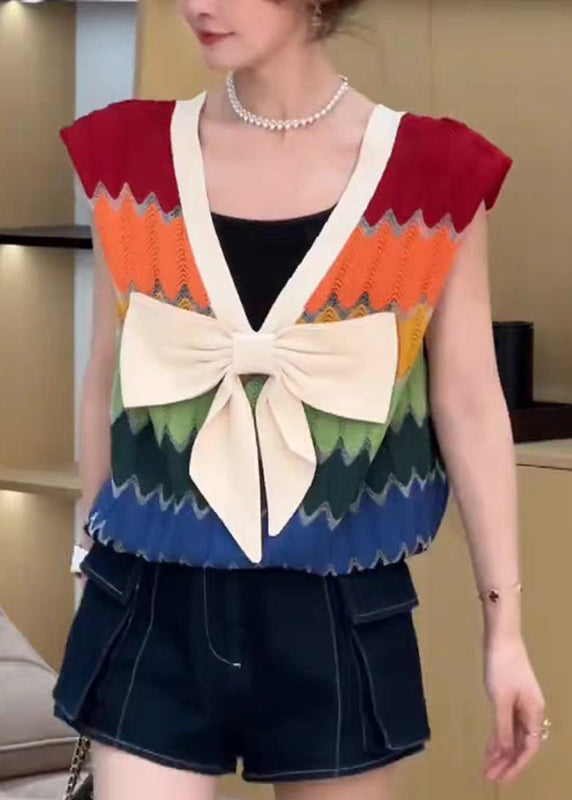Rainbow Striped V Neck Bow Patchwork Knit Top Summer