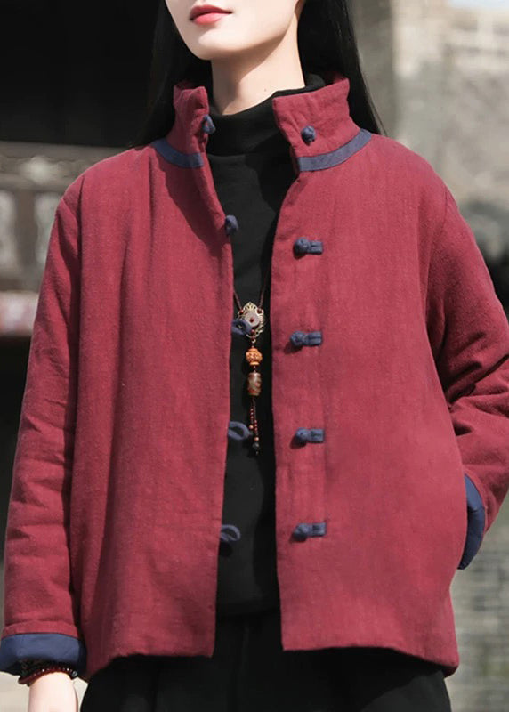 Wine Red Stand Collar Button Cotton Filled Parkaer Winter