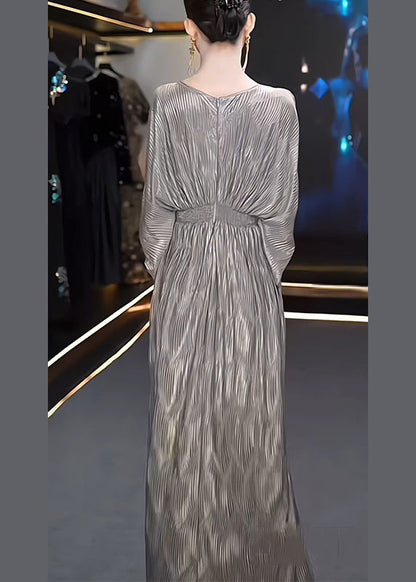 Grey V Neck High Waist Silk Long Dresses Summer