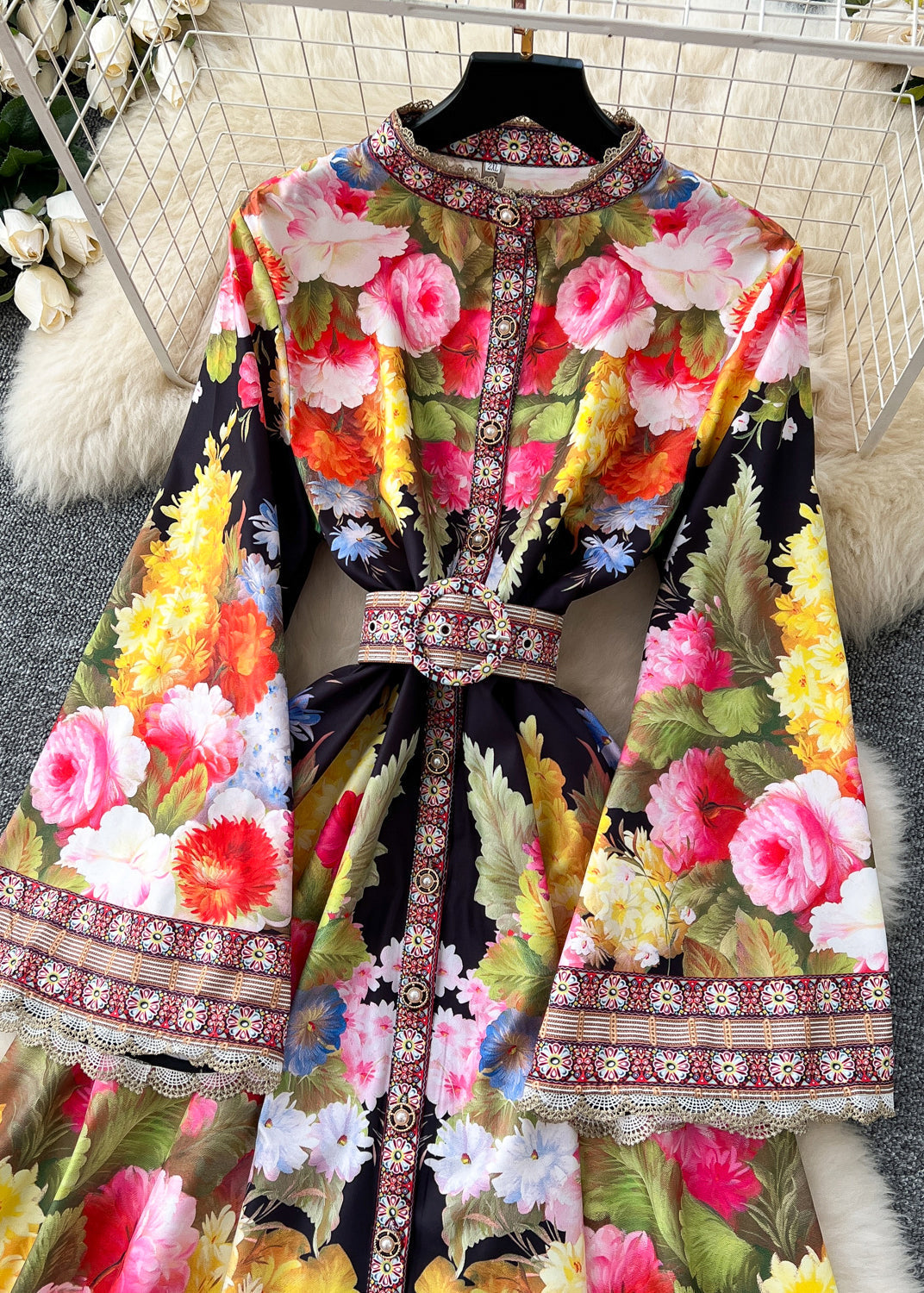 White Cinched Print Cotton Dresses Flare Sleeve