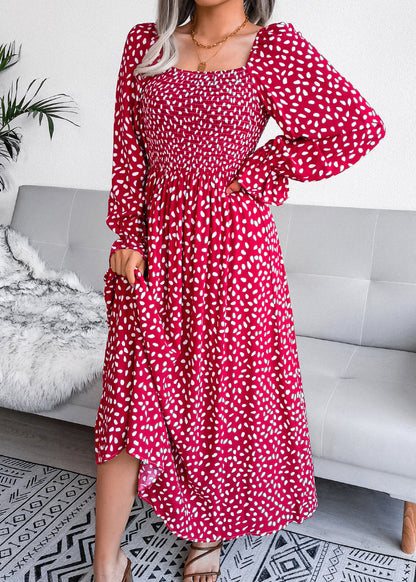 Red Square Collar Print Wrinkled Cotton Dresses Spring