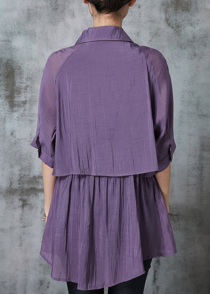 Purple Cinched Pockets Cotton Blouse Tops Summer