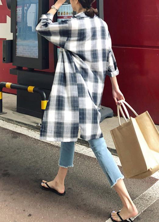 Lapel Pockets Linen Cotton Tops Plaid Baggy Shirt