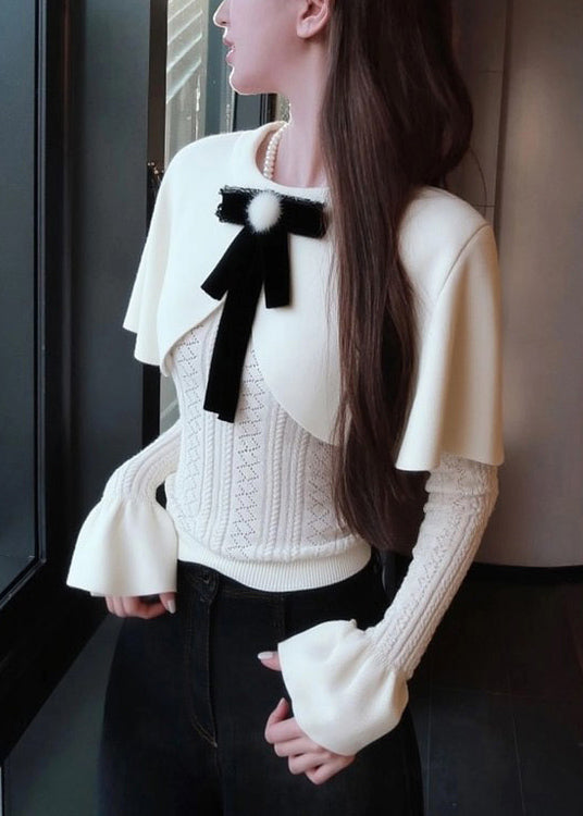 White Bow False Two Pieces Knit Cape Sweaters Winter