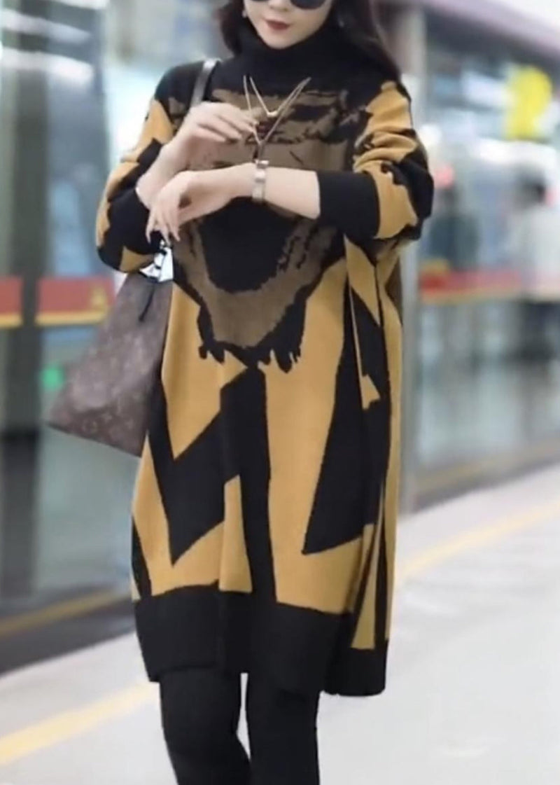 Yellow Turtleneck Print Cotton Knit Long Dress Winter