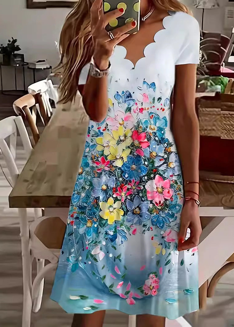 V Neck Print Cotton Loose Dress Summer