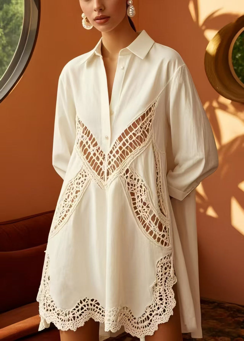 White Oversized Hollow Out Cotton Shirt Dress Spring
