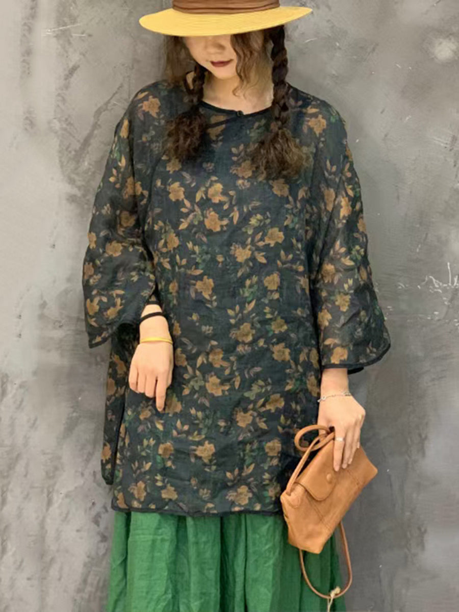 Summer Flower Spliced Long Ramie Shirt