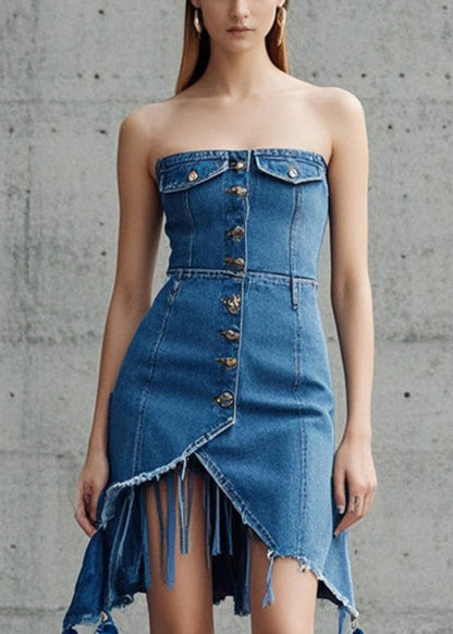 Blue Tasseled Asymmetrical Design Denim Day Strapless Dress Summer