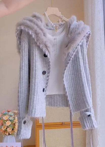 Grey Fox Collar Button Patchwork Knit Coats Winter