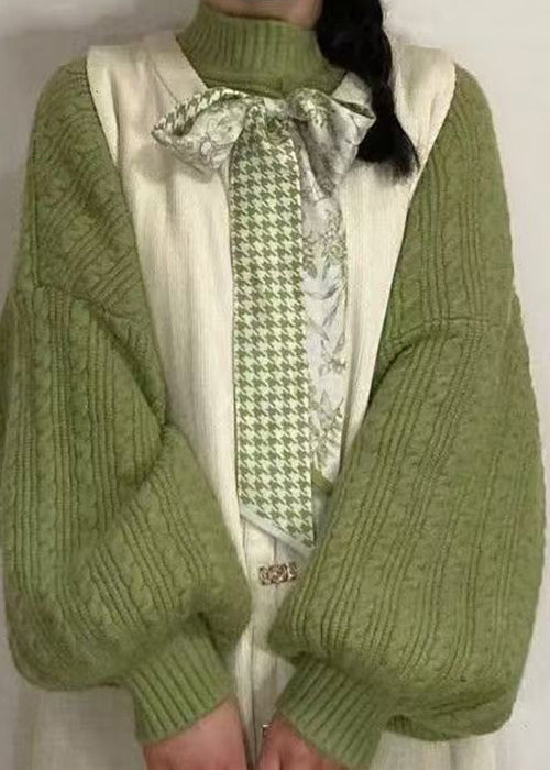 Simple Green Turtleneck Cable Knit Sweaters Lantern Sleeve