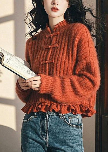 Red Ruffled Chinese Button Knit Short Sweater Spring
