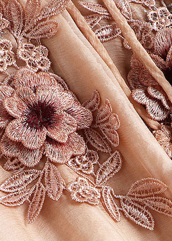 Handmade Apricot V Neck Embroidered Silk Maxi Dress Long Sleeve
