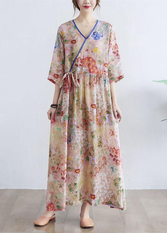 Simple Print V Neck Summer Tie Waist Long Dresses Half Sleeve