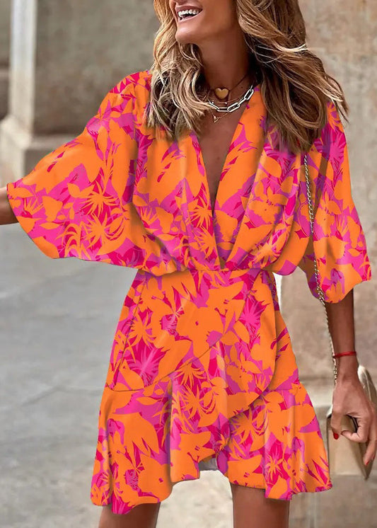 New Orange V Neck Print Asymmetrical Design Cotton Mid Dress Batwing Sleeve